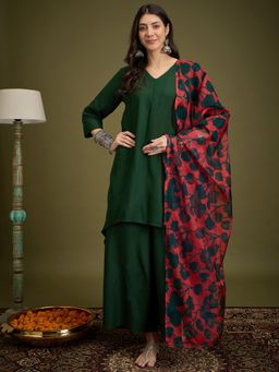 InWeave - Green Piping Neck Kurta with Palazzo & Organza Dupatta
