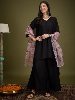 InWeave - Black Piping Neck Kurta with Palazzo & Dupatta
