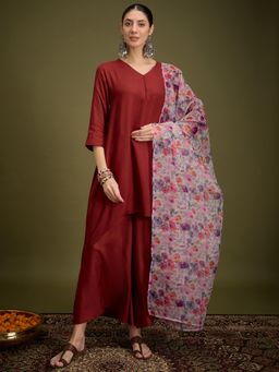 InWeave - Maroon Piping Neck Kurta with Palazzo & Off White Dupatta