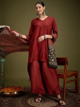InWeave - Maroon Piping Neck Kurta with Palazzo & Dupatta