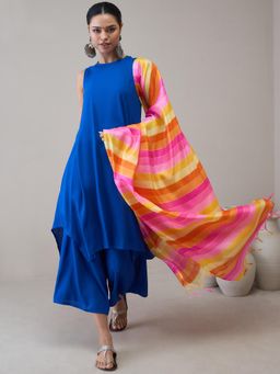 InWeave - D10 Ink Blue Round Neck Kurta with Short Palazzo & Dupatta