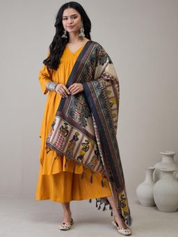 InWeave - Mustard V-Neck Flared D16 Kurta with Palazzo & Dupatta