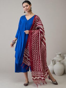 InWeave - Ink Blue V-Neck Flared D20 Kurta with Palazzo & Dupatta
