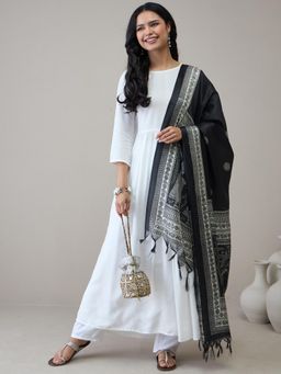 InWeave - White D28 Long Anarkali Kurta with Pant & Dupatta