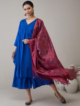 InWeave - Ink Blue V-Neck Flared D31 Kurta with Palazzo & Dupatta