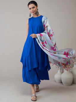 InWeave - D32 Ink Blue Round Neck Kurta with Short Palazzo & Dupatta