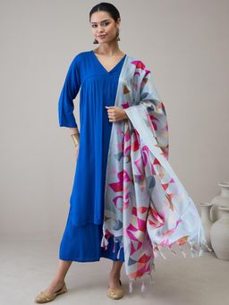 InWeave - Ink Blue V-Neck Flared D32 Kurta with Palazzo & Dupatta
