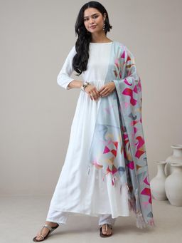 InWeave - White D32 Long Anarkali Kurta with Pant & Dupatta