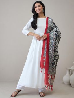 InWeave - White D6 Long Anarkali Kurta with Pant & Dupatta