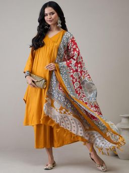 InWeave - Mustard V-Neck Flared D7 Kurta with Palazzo & Dupatta