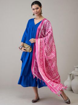 InWeave - Ink Blue V-Neck Flared D9 Kurta with Palazzo & Dupatta