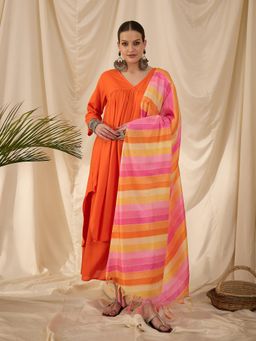 InWeave - Orange V-Neck Flared D12 Kurta with Palazzo & Dupatta