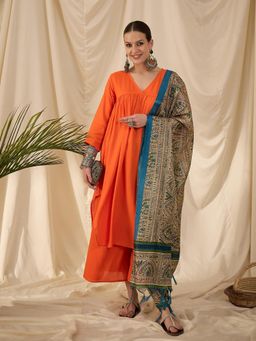 InWeave - Orange V-Neck Flared D11 Kurta with Palazzo & Dupatta