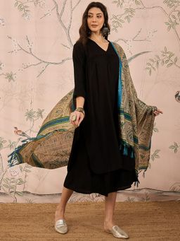 InWeave - Black V-Neck Flared D11 Kurta with Palazzo & Dupatta