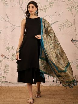 InWeave - D11 Black Round Neck Kurta with Short Palazzo & Dupatta