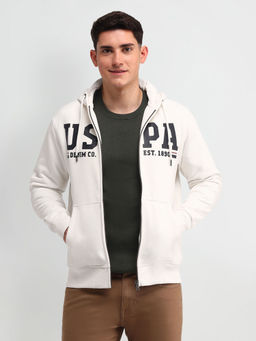 U.S. Polo Assn. Denim Co. - Printed White Full Sleeves Hooded Sweatshirt