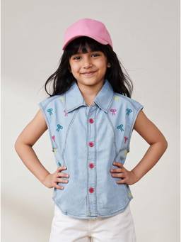 Tales & Stories - Girls Light Blue Cotton Blend Embroidered Shirt