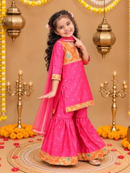 BownBee - Girls Pink Floral Woven Kurti with Sharara and Dupatta