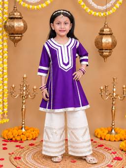 BownBee - Girls Purple-White Woven Gota Work Kurta with Palazzo
