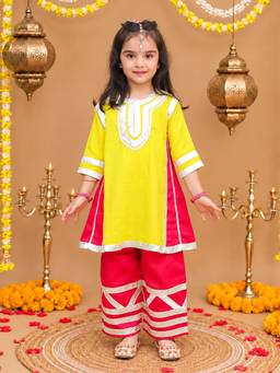 BownBee - Girls Yellow-Red Colorblock Gota Work Kurta with Palazzo