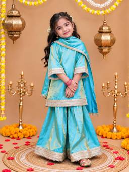 BownBee - Girls Blue Solid Lace Work Kurta with Sharara Ans Dupatta
