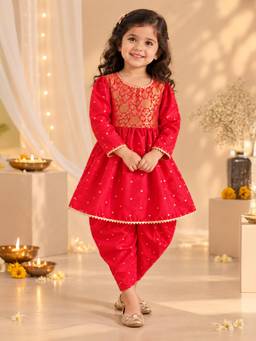 BownBee - Girls Red Woven Kurta with Dhoti