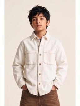 Tales & Stories - Unisex Off White Cotton Washed Full Sleeves Shacket