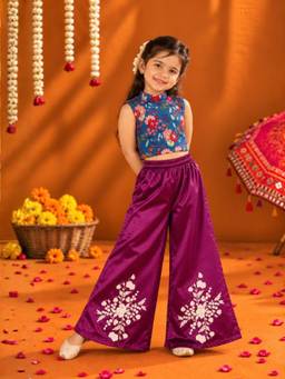 Little Bansi - Girls Purple-Blue Floral Crop Top with Palazzo