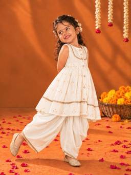 Little Bansi - Girls Off White Woven Zari Sleeveless Kurta with Dhoti