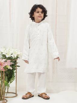 Little Bansi - Boys Off White Woven Zari Kurta with Pyjama