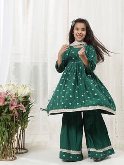 Little Bansi - Girls Green Cotton Bandhani Printed Kurta with Sharara and Dupatta