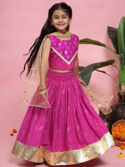 Little Bansi - Girls Magenta Floral Woven Lehenga with Choli and Dupatta