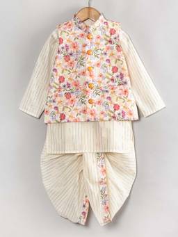Little Bansi - Boys Cream Floral Printed Kurta with Dhoti and Nehru Jacket