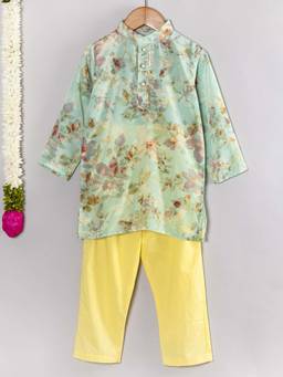Little Bansi - Boys Green Floral Printed Full Sleeves Kurta with Pyjama