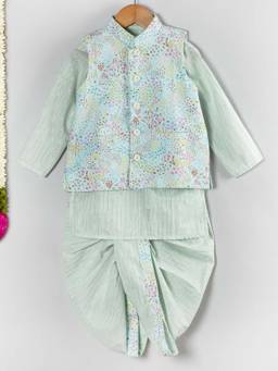 Little Bansi - Boys Mint Green Floral Printed Kurta with Dhoti and Nehru Jacket