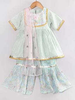 Little Bansi - Girls Mint Green Floral Printed Kurti with Sharara and Dupatta