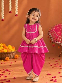 Little Bansi - Girls Hot Pink Ambi Bandhani Kurti with Dhoti