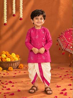 Little Bansi - Boys Hot Pink Ambi Bandhani Kurta with Dhoti
