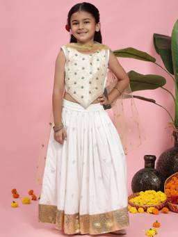 Little Bansi - Girls Off White Floral Embroidered Lehenga with Choli and Dupatta