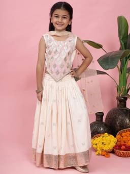 Little Bansi - Girls Pink-Cream Floral Sequined Lehenga with Choli and Dupatta