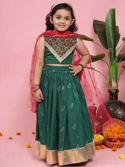 Little Bansi - Girls Green Floral Embroidered Lehenga with Choli and Dupatta