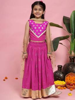 Little Bansi - Girls Magenta Floral Woven Lehenga with Choli and Dupatta