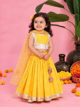Little Bansi - Girls Yellow-White Stripes Lehenga with Choli and Dupatta