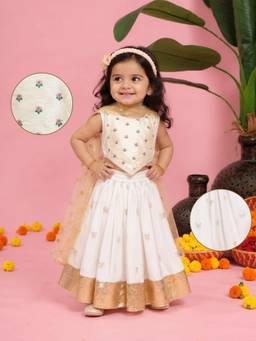 Little Bansi - Girls Off White Floral Embroidered Lehenga with Choli and Dupatta