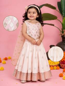 Little Bansi - Girls Pink-Cream Floral Sequined Lehenga with Choli and Dupatta