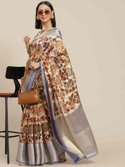Silk Land - Floral Printed Woven Silk Saree with Unstiched Blouse Piece Beige with Unstitched