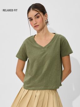 The Souled Store - Originals Solids Olive Women Relaxed Fit T-Shirt