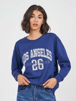 Styli - Navy Blue Regular Fit Longline Slogan Print Sweatshirt