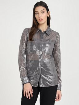 Guess - Gunmetal Polyester Blend Embellished Spread Collar Shirt