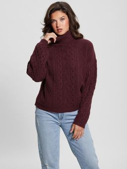 Guess - Wine Polyester Blend Textured High Neck Sweater